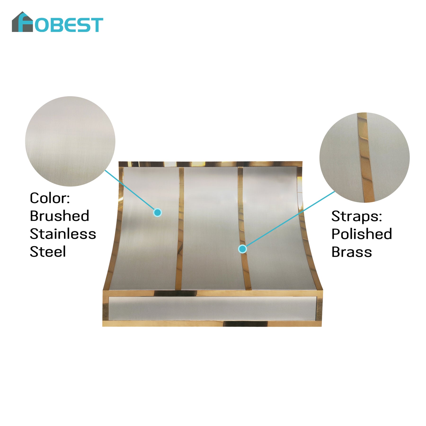 Fobest Custom Stainless Steel Metal Range Hood in Polished Brass Straps FSS-681