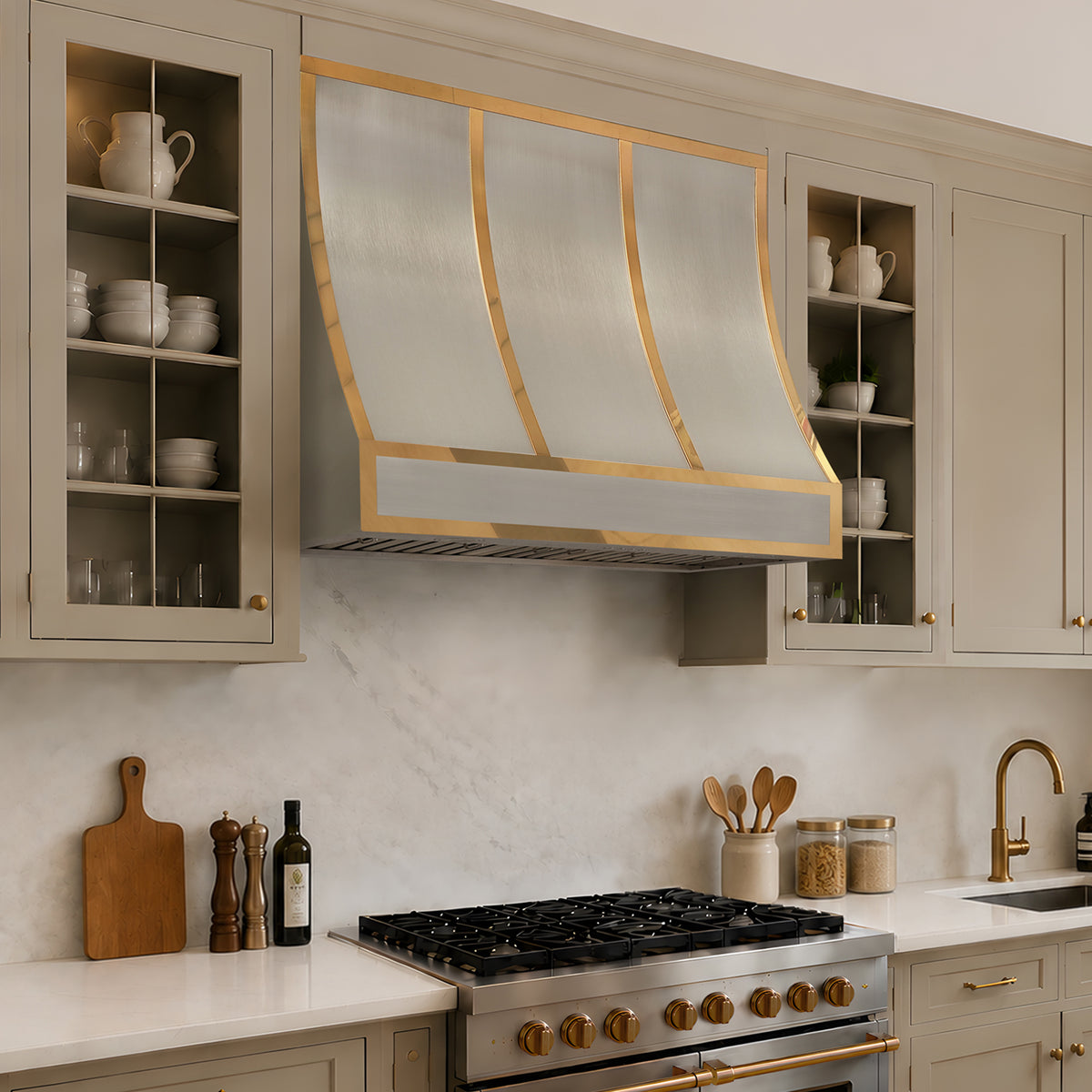 Fobest Custom Stainless Steel Metal Range Hood in Polished Brass Straps FSS-681