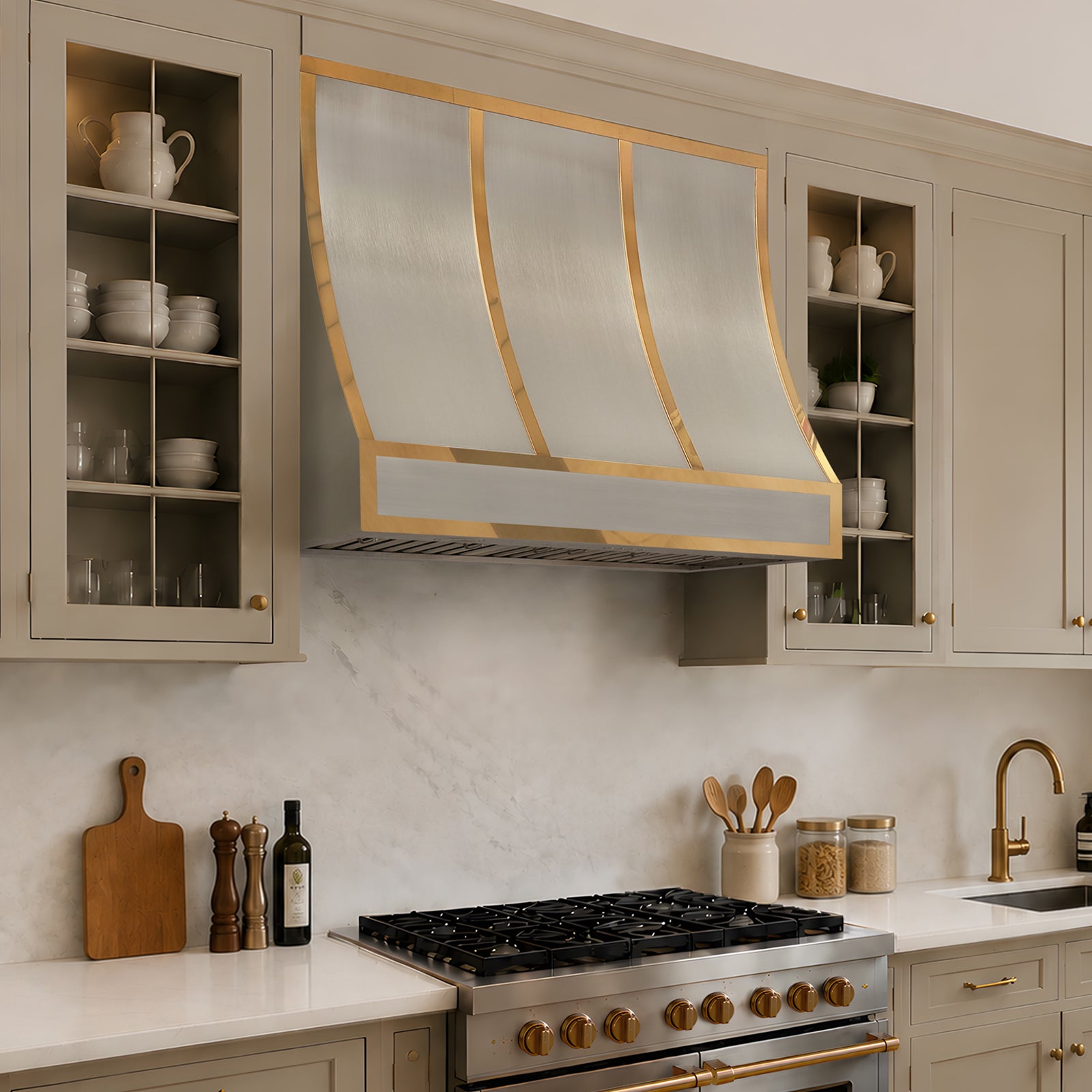 Fobest Custom Stainless Steel Metal Range Hood in Polished Brass Straps FSS-681