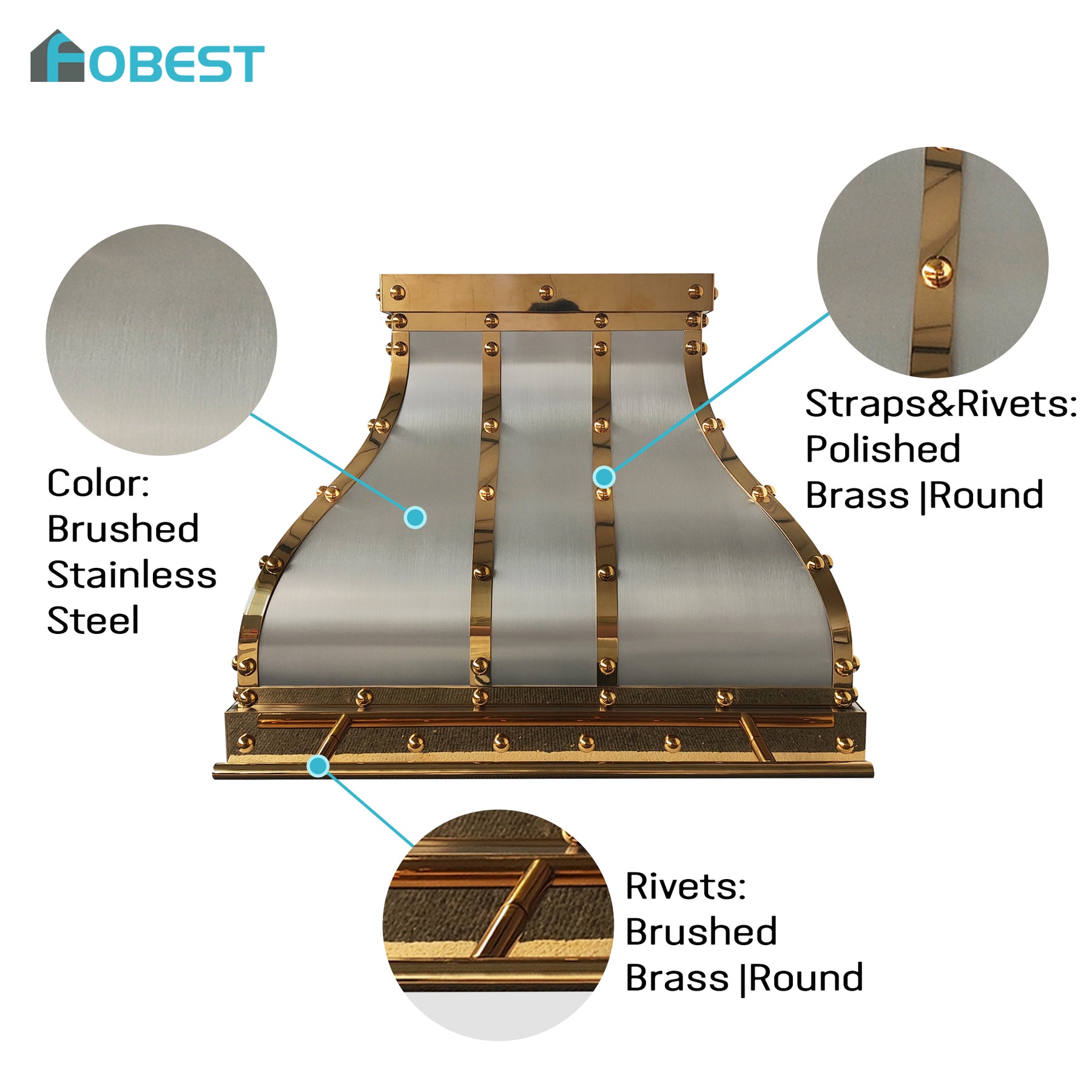 Fobest Custom Stainless Steel Metal Range Hood with Brass Straps FSS-699