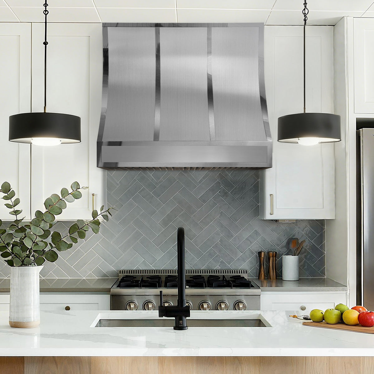 Fobest Custom Stainless Steel Range Hood with polished straps and rivets FSS-177