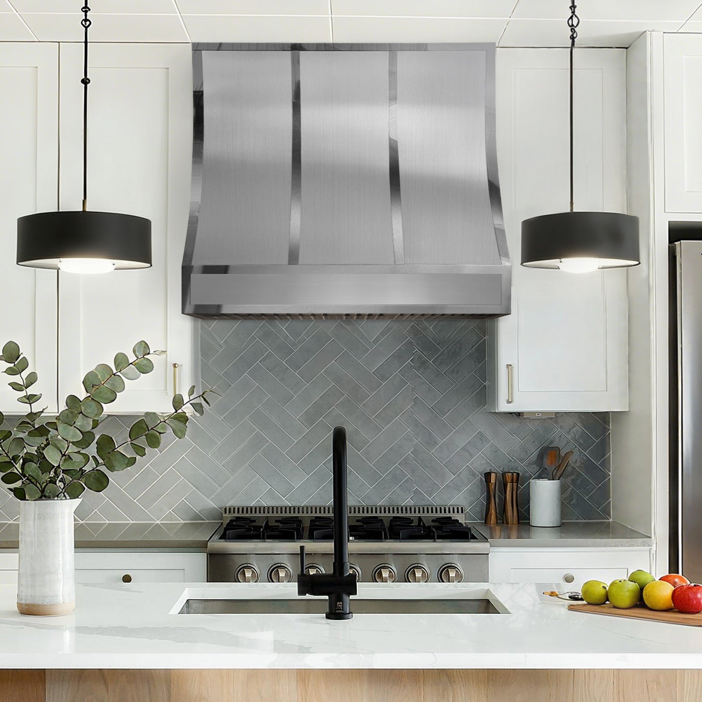 Fobest Custom Stainless Steel Range Hood with polished straps and rivets FSS-177