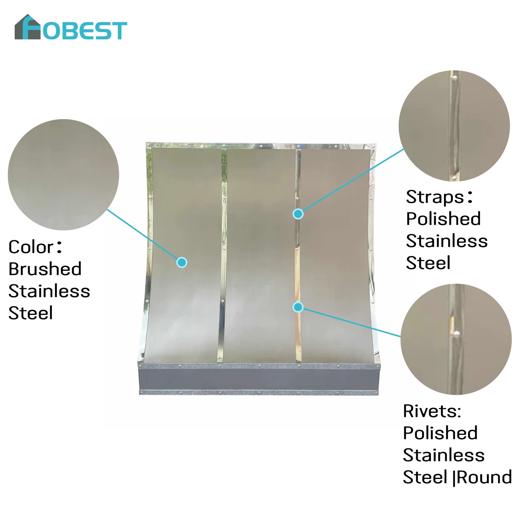 Fobest Custom Stainless Steel Range Hood with polished straps and rivets FSS-177