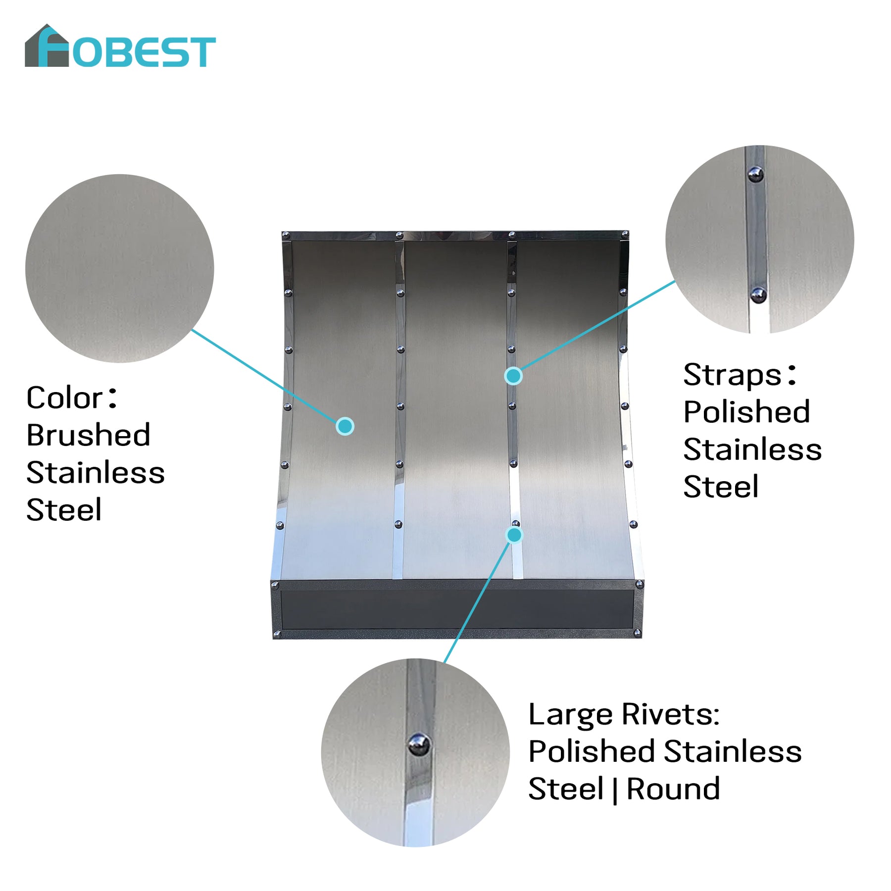 Fobest Custom Stainless Steel Range Hood with polished straps and rivets FSS-177