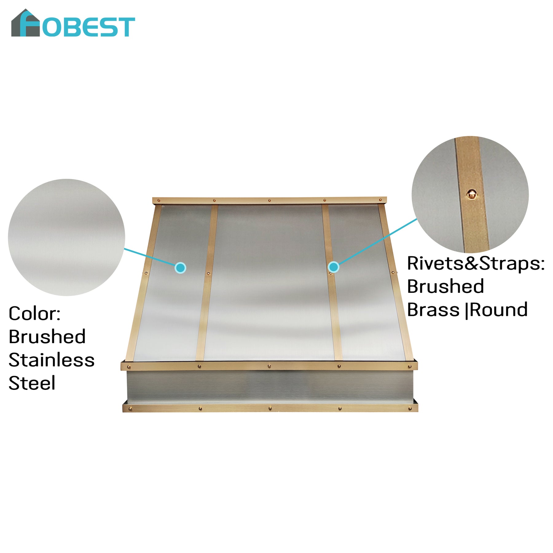 Fobest Custom Stainless Steel Sloped Range Hood with Brushed Brass Accents FSS-633