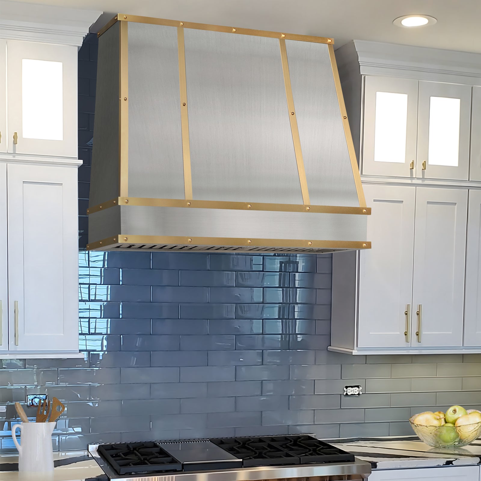 Fobest Custom Stainless Steel Sloped Range Hood with Brushed Brass Accents FSS-633