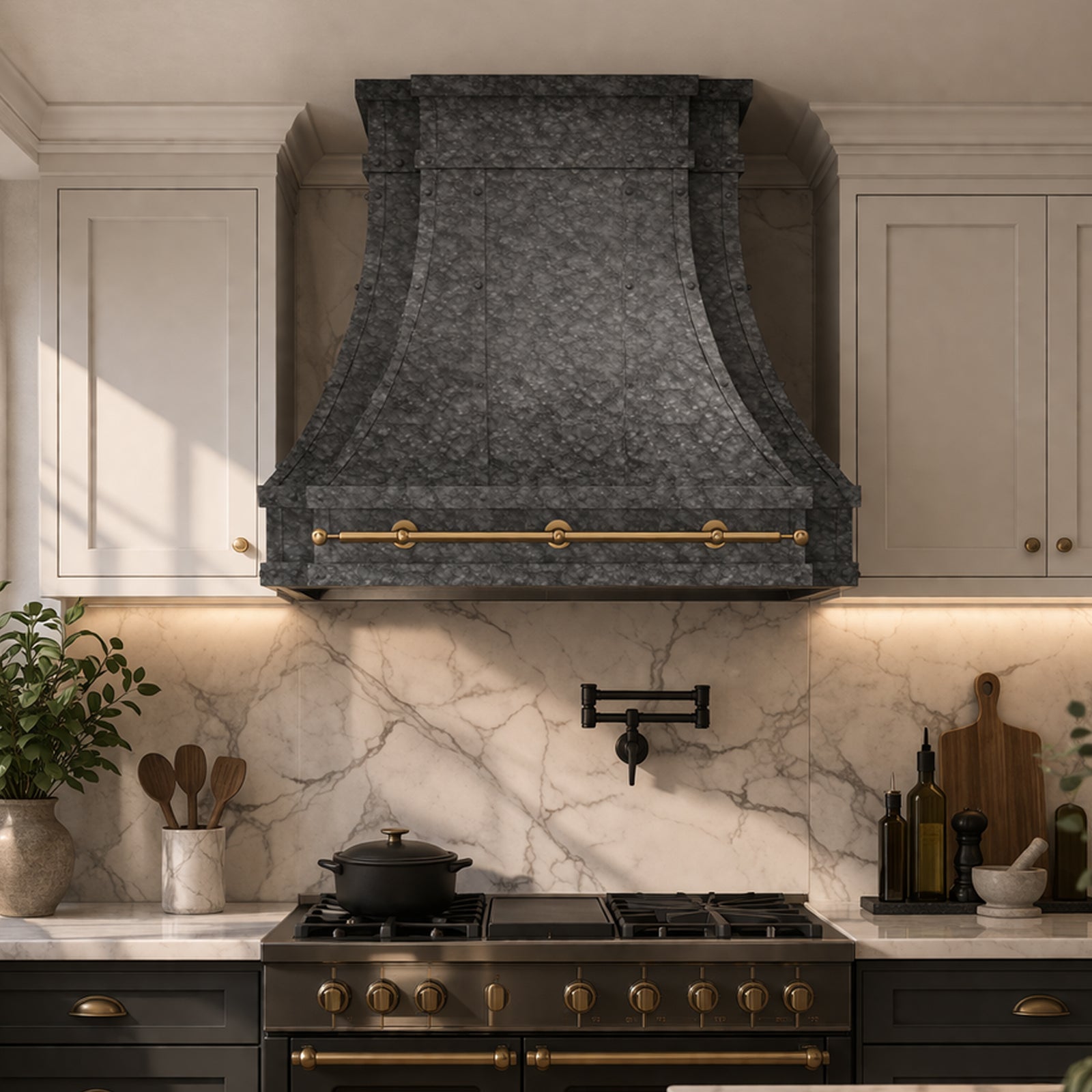 Fobest Custom Textured Granite Stainless Steel Range Hood with Brass Pot Rail  FSS-617