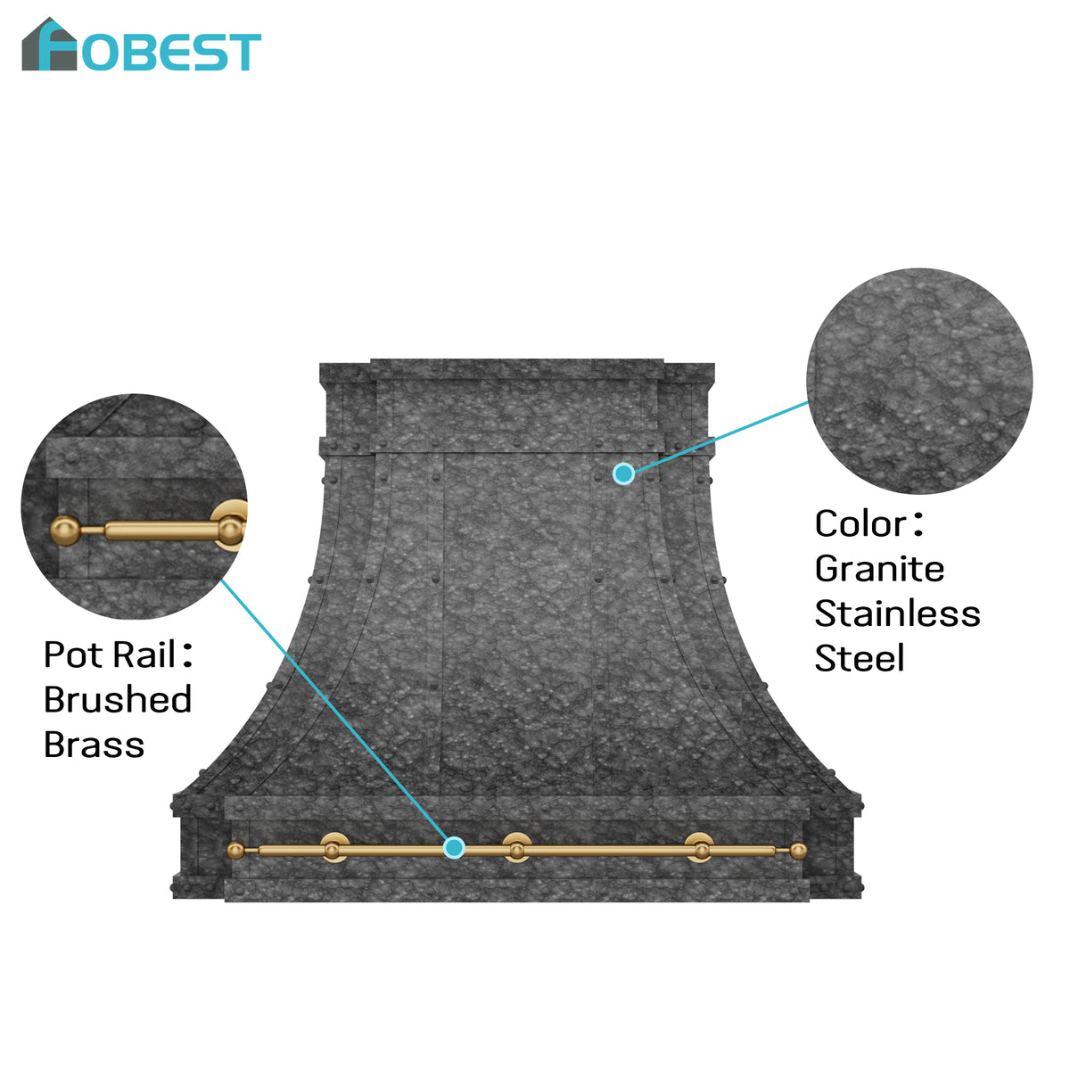 Fobest Custom Textured Granite Stainless Steel Range Hood with Brass Pot Rail  FSS-617