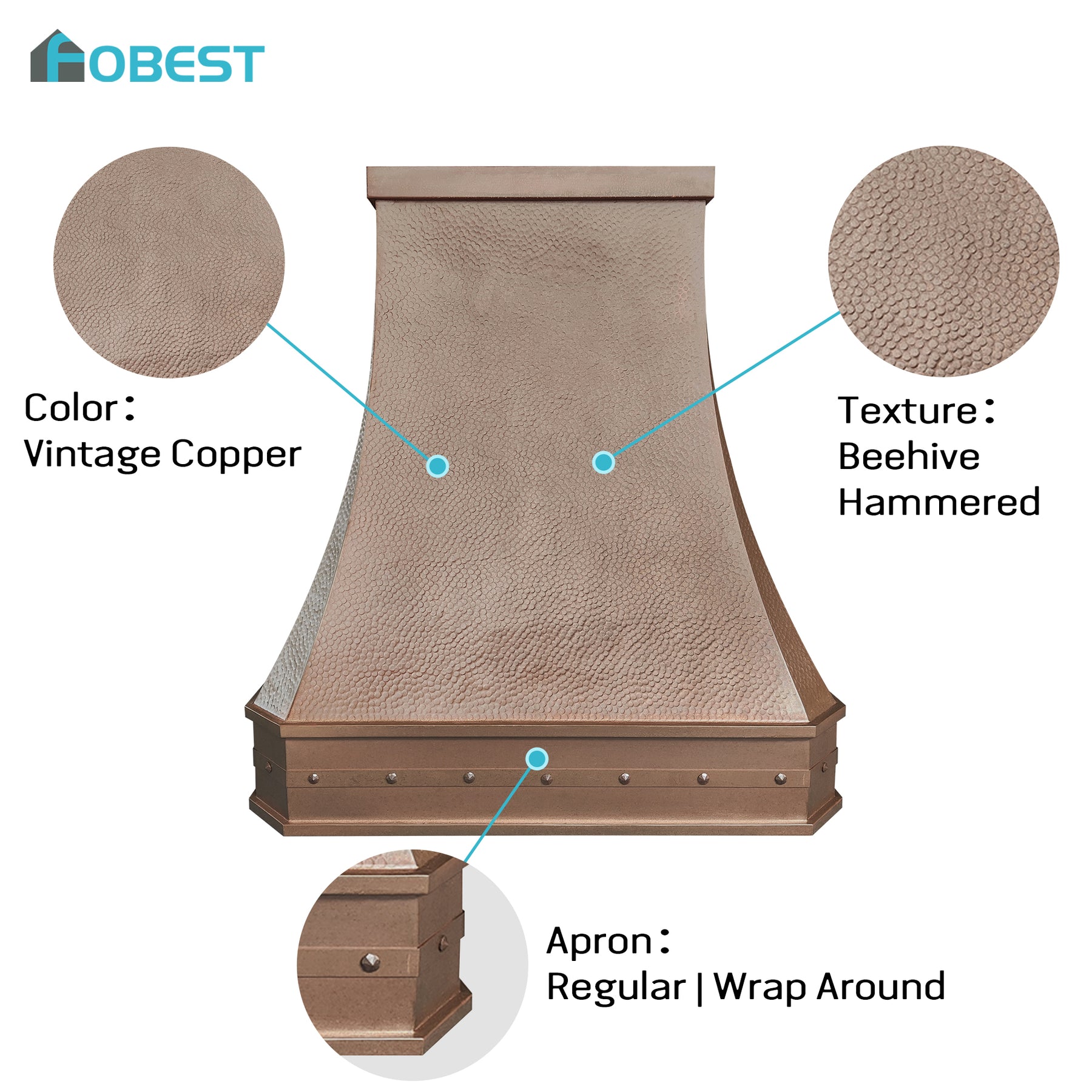 Fobest Custom Vintage Copper Range Hood with Beehive Hammered Texture  Handcrafted Retro Kitchen Hood FCP-372