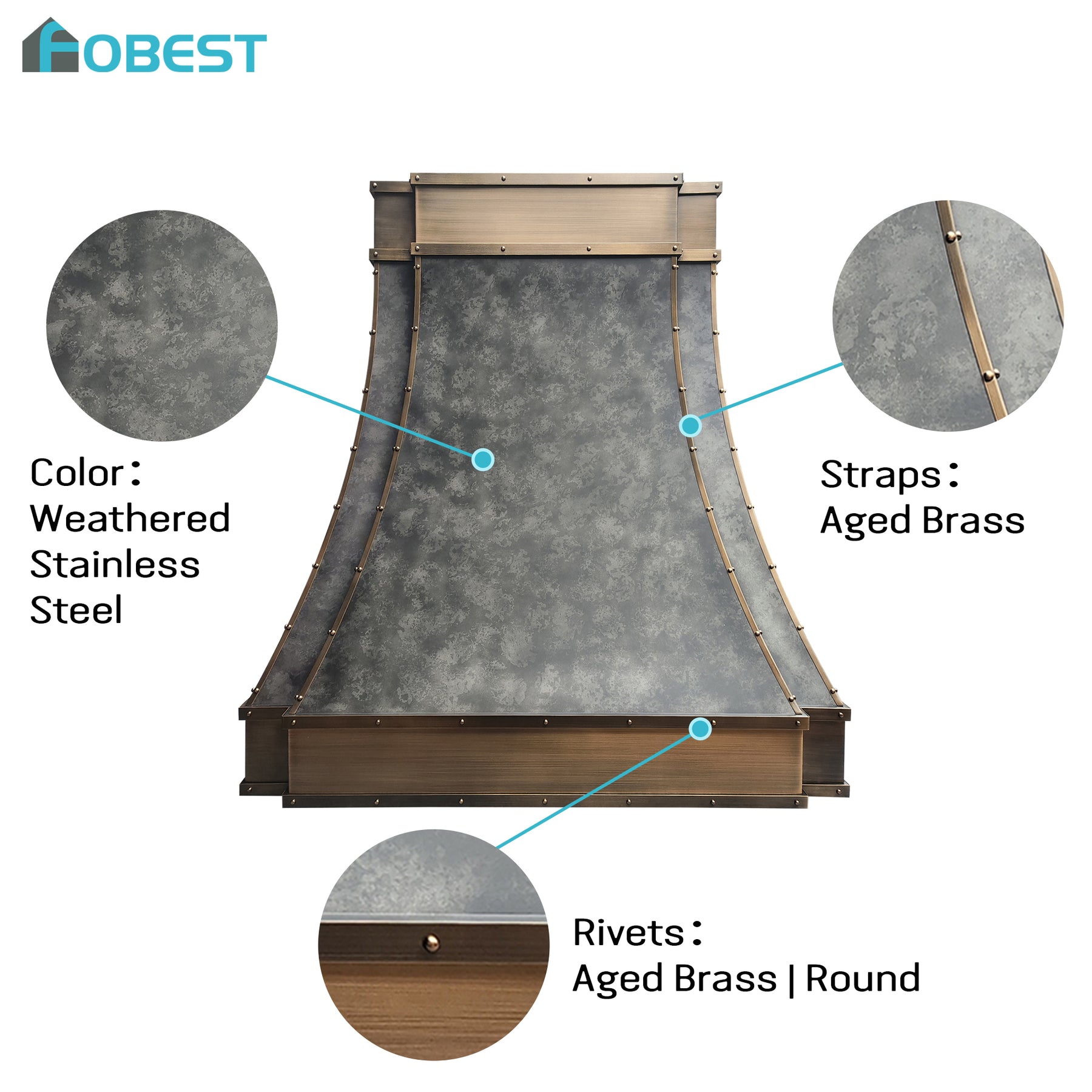 Fobest Custom Weathered Stainless Steel Range Hood with Brass Decor FSS-624