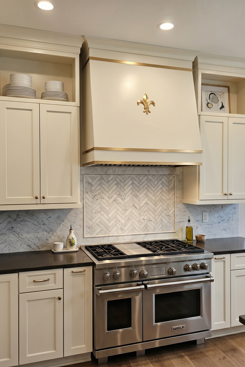 Fobest Custom White Box Range Hood with Brass Trim FSS-599