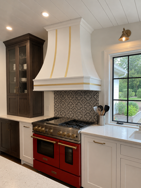 Fobest Custom White Range Hood with Brass Straps FSS-100