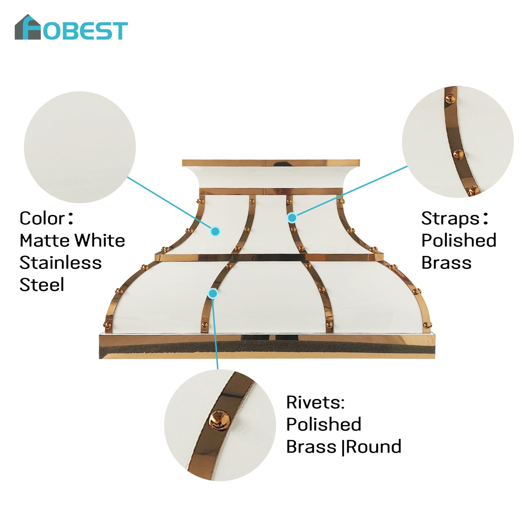 Fobest Custom White Stainless Steel Range Hood with Polished Brass Details FSS-691