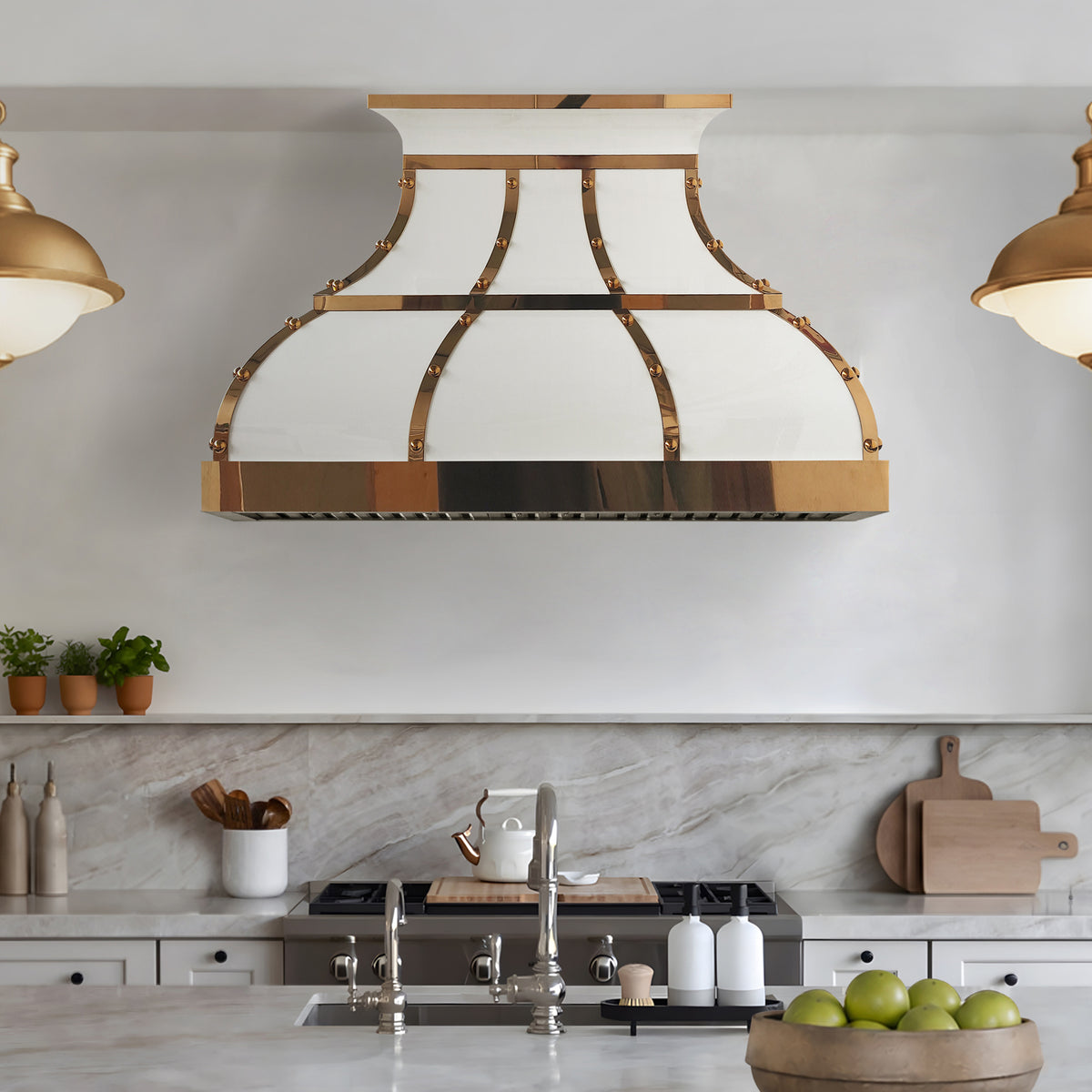 Fobest Custom White Stainless Steel Range Hood with Polished Brass Details FSS-691