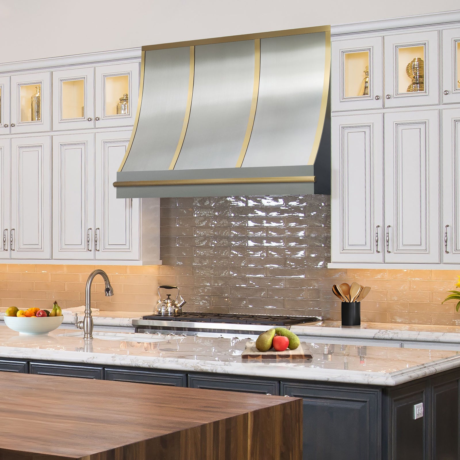 Fobest Dallas Stainless Steel Stove Hood with Brushed Brass Trim & Rail FSS-509