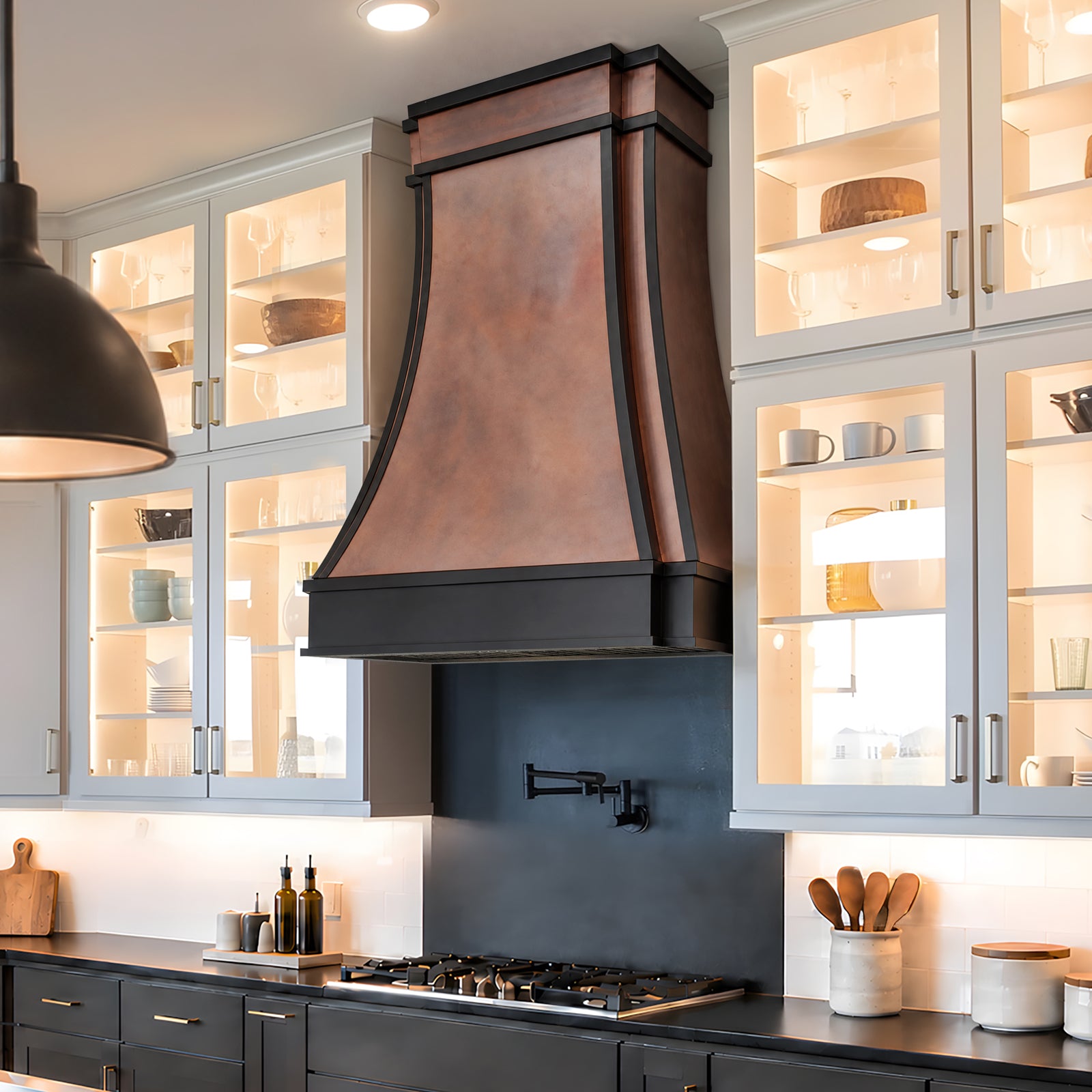 Fobest Farmhouse Fire Copper Range Hood with Bronze Straps FCP-410