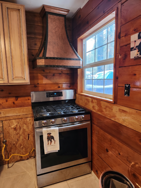 Fobest Hammered Copper Kitchen Hood with black strapping and rivet FCP-10