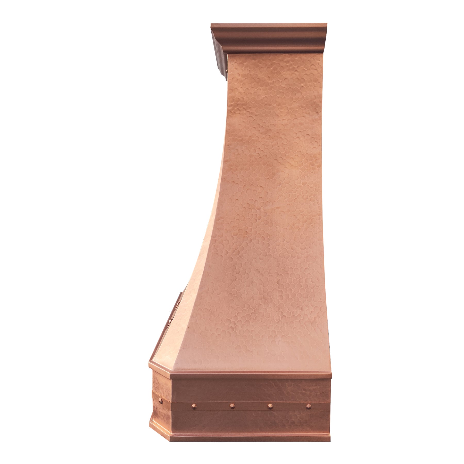 Copper range hood on a white background in right view