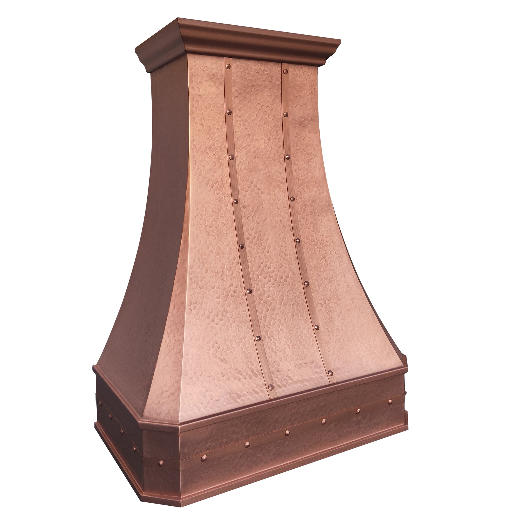 Copper range hood on a white background in left front view
