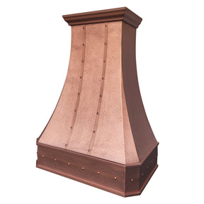 Copper range hood on a white background in right front view