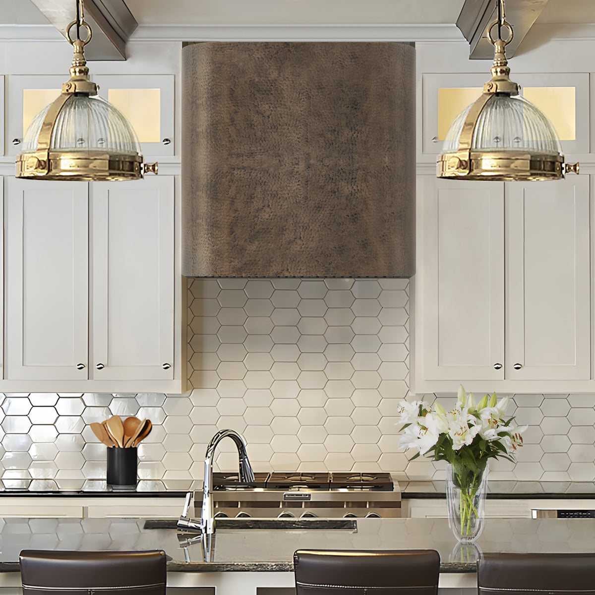 Fobest Light Hammered Aged Brass Range Hood in Cylindrical Design FSS-526