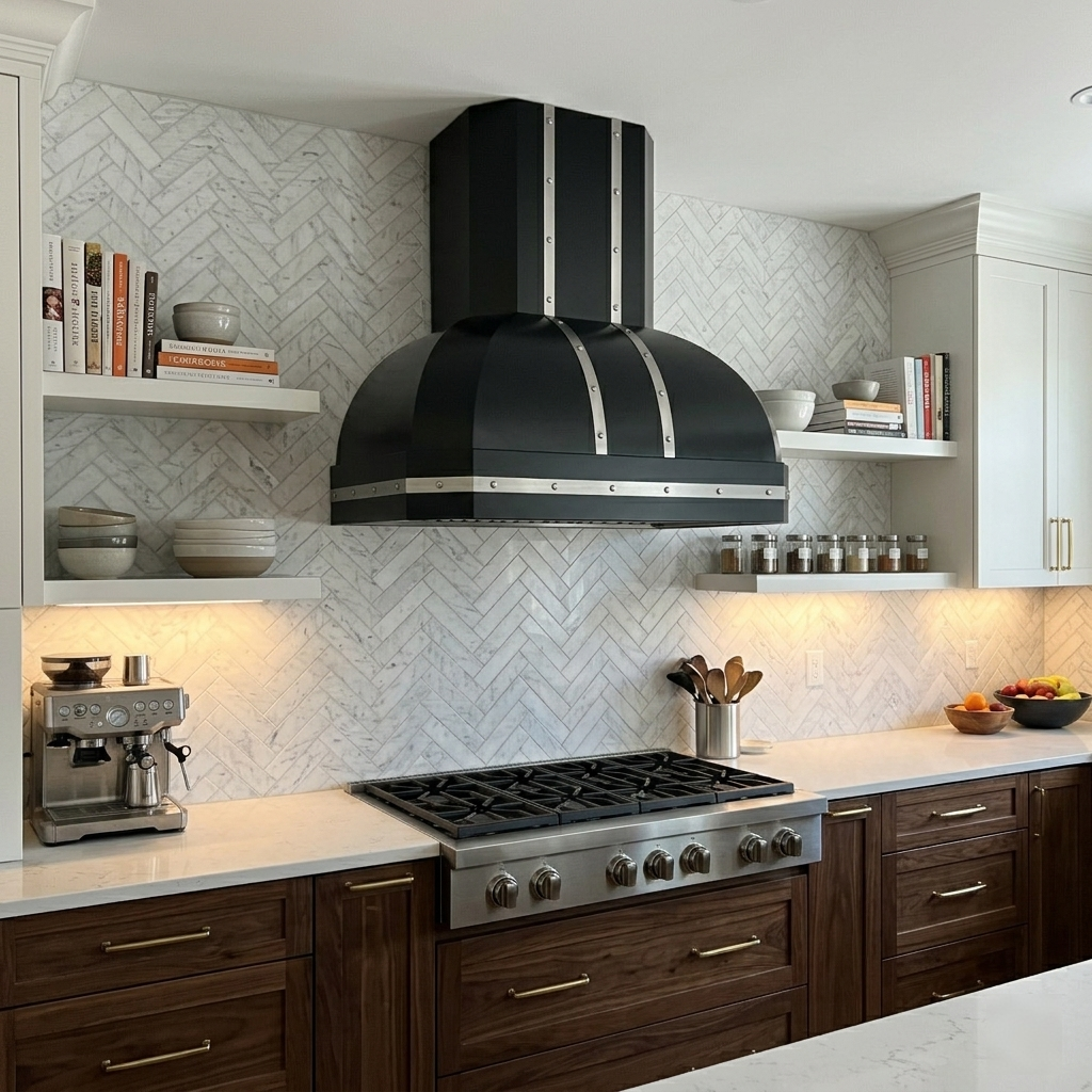 Fobest Matte Black Range Hood with Brushed Stainless Accents Sculptural Kitchen Hood FSS-659