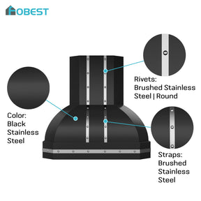 Fobest Matte Black Range Hood with Brushed Stainless Accents Sculptural Kitchen Hood FSS-659