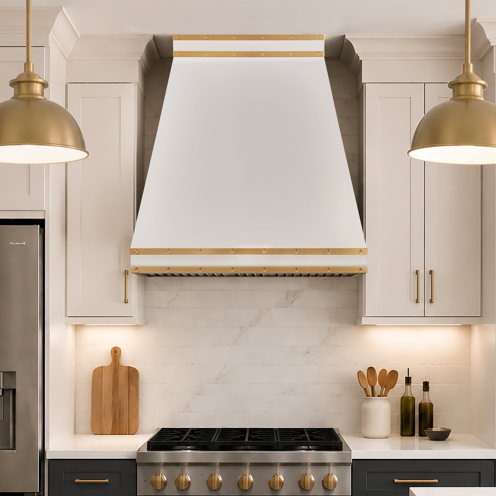 Fobest Matte White Stainless Steel Range Hood with Brass Straps and Rivets FSS-729