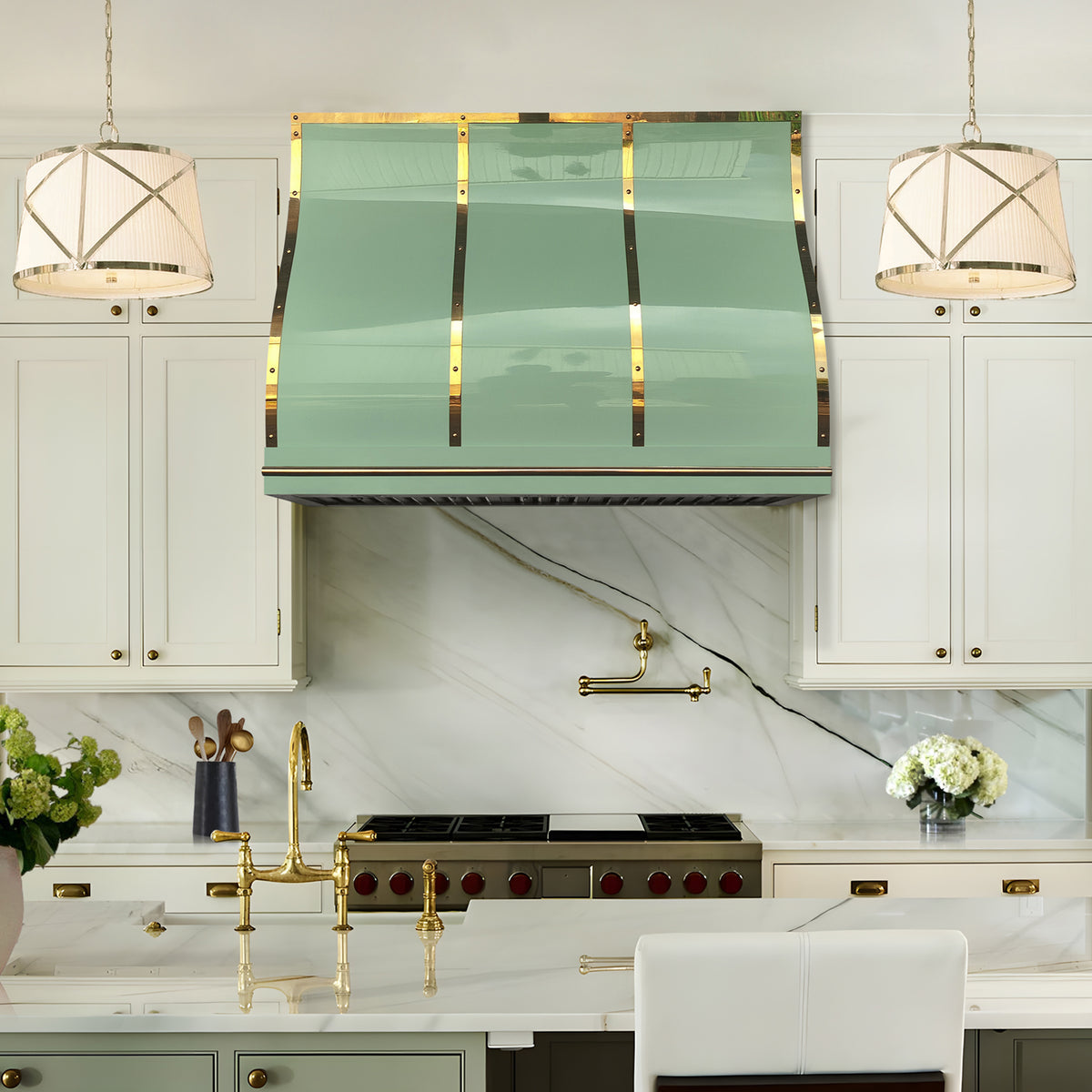 Fobest Mint Green Range Hood Stainless Steel with Polished Brass Trim FSS-487