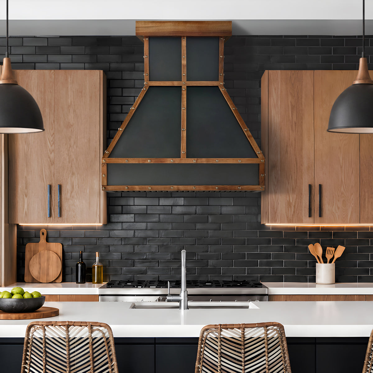 Fobest Mixed Copper Range Hood with Walnut Strap Accents FCP-407