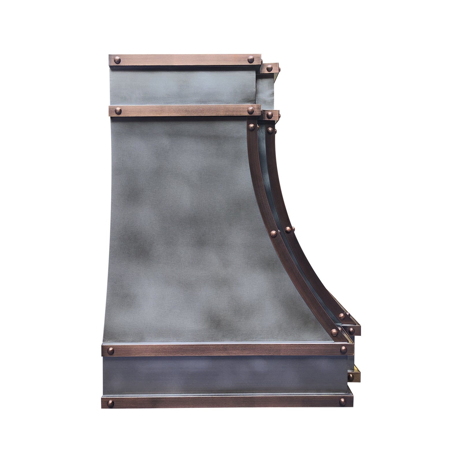 Fobest Mixed Metal Custom Range Hood in Dark Zinc with Copper Straps FSS-554
