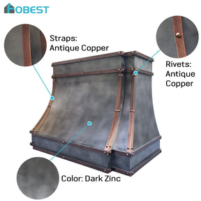 Fobest Mixed Metal Custom Range Hood in Dark Zinc with Copper Straps FSS-554