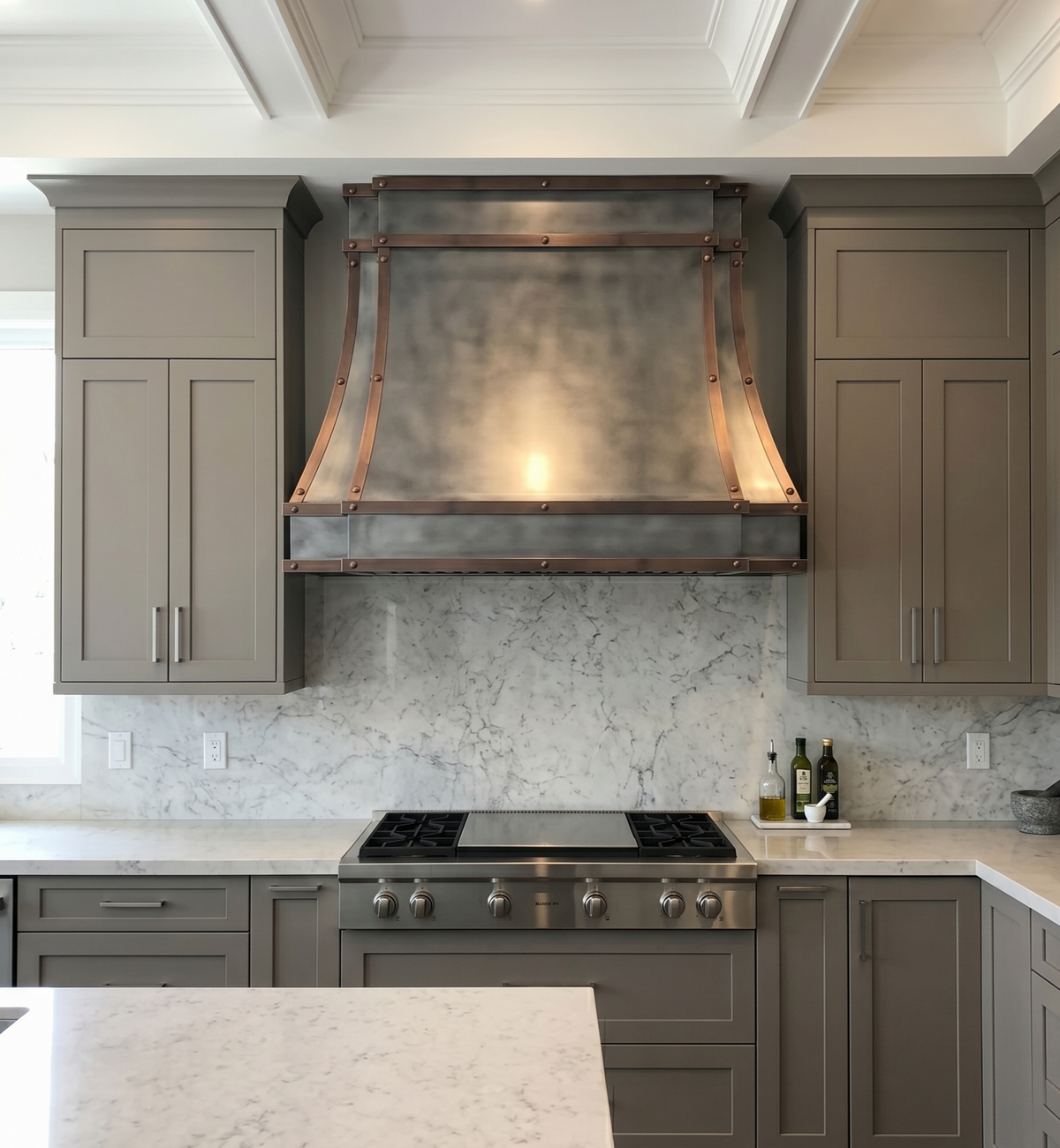 Fobest Mixed Metal Custom Range Hood in Dark Zinc with Copper Straps FSS-554
