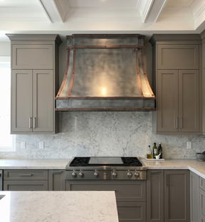 Fobest Mixed Metal Custom Range Hood in Dark Zinc with Copper Straps FSS-554