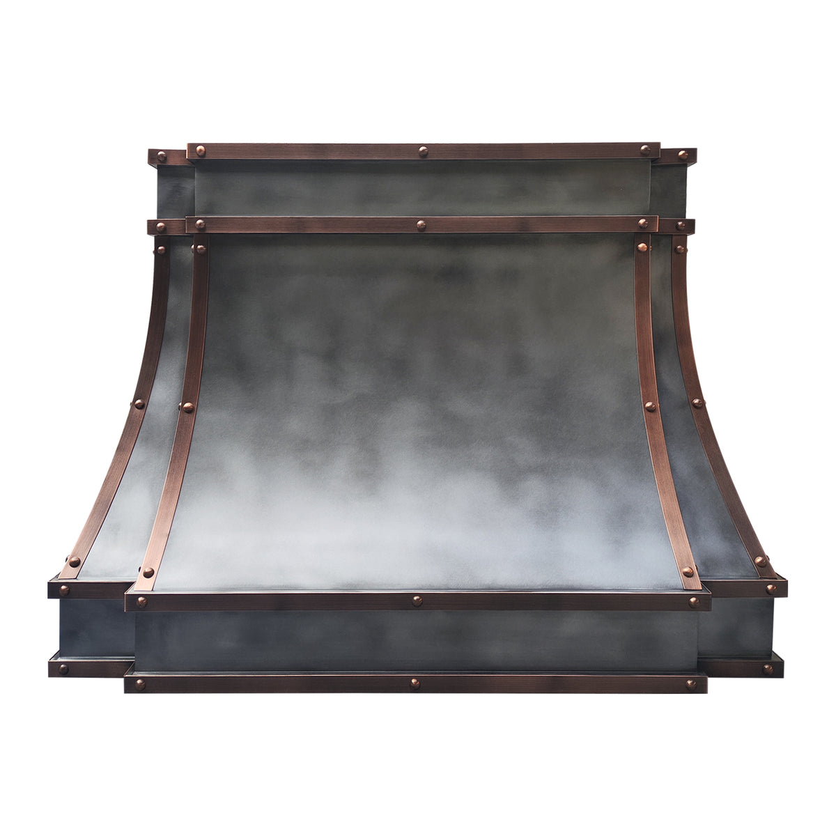 Fobest Mixed Metal Custom Range Hood in Dark Zinc with Copper Straps FSS-554