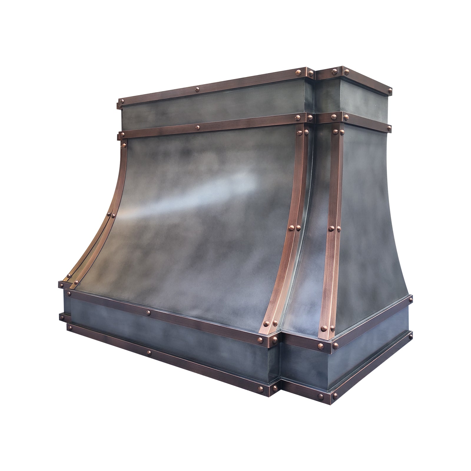 Fobest Mixed Metal Custom Range Hood in Dark Zinc with Copper Straps FSS-554