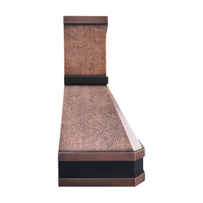 Copper range hood with oil rubbed bronze straps decor