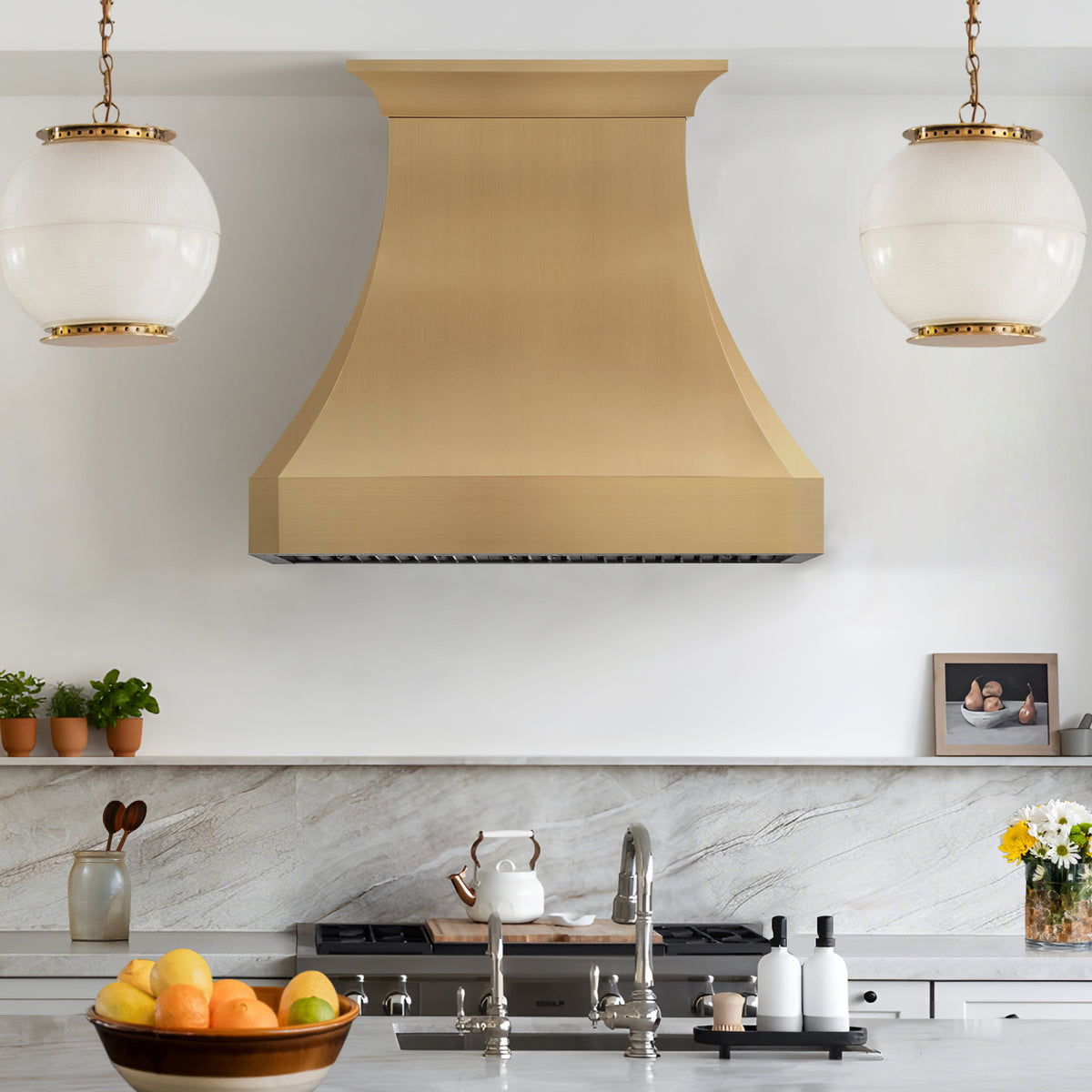 Fobest Sculptural Brushed Brass Kitchen Range Hood with Geometric Dimensional Design FSS-546