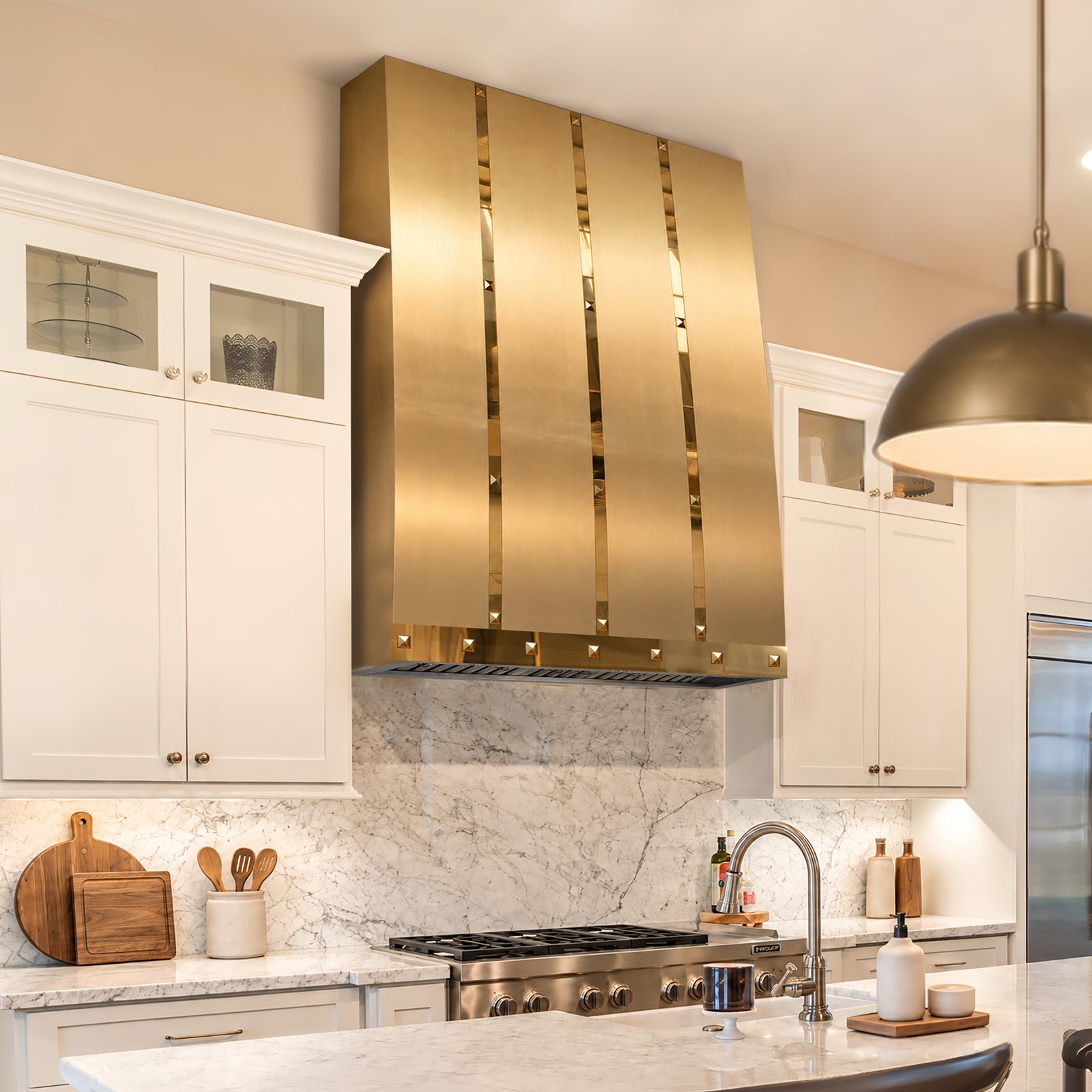 Fobest Slope Box Brass Range Hood with Polished Brass Straps FSS-750
