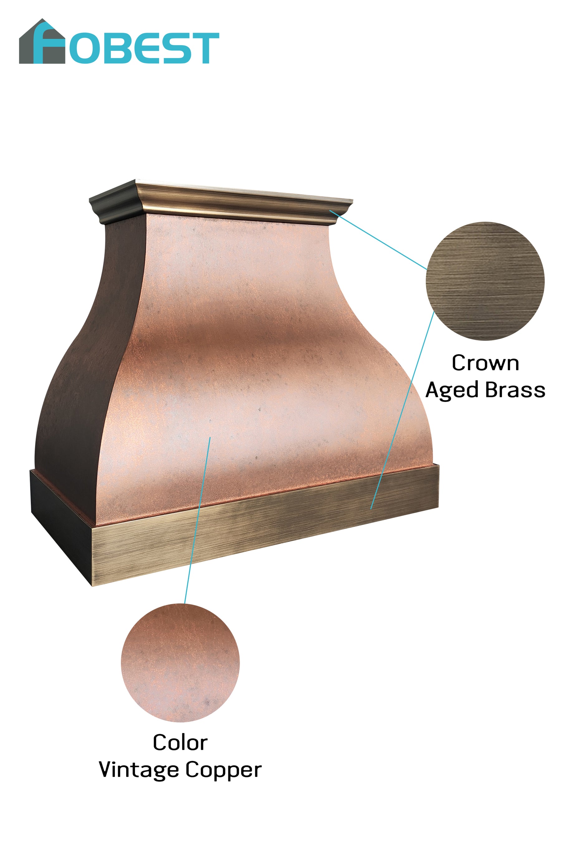 Fobest Vintage Copper Custom Range Hood with Aged Brass Accents for Modern Rustic Kitchens FCP-335