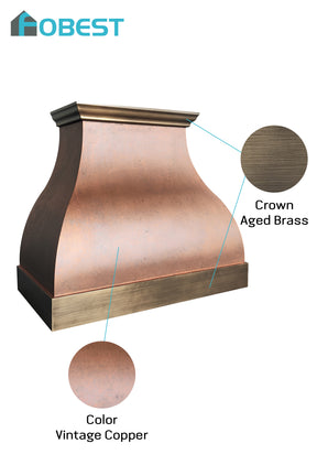 Fobest Vintage Copper Custom Range Hood with Aged Brass Accents for Modern Rustic Kitchens FCP-335