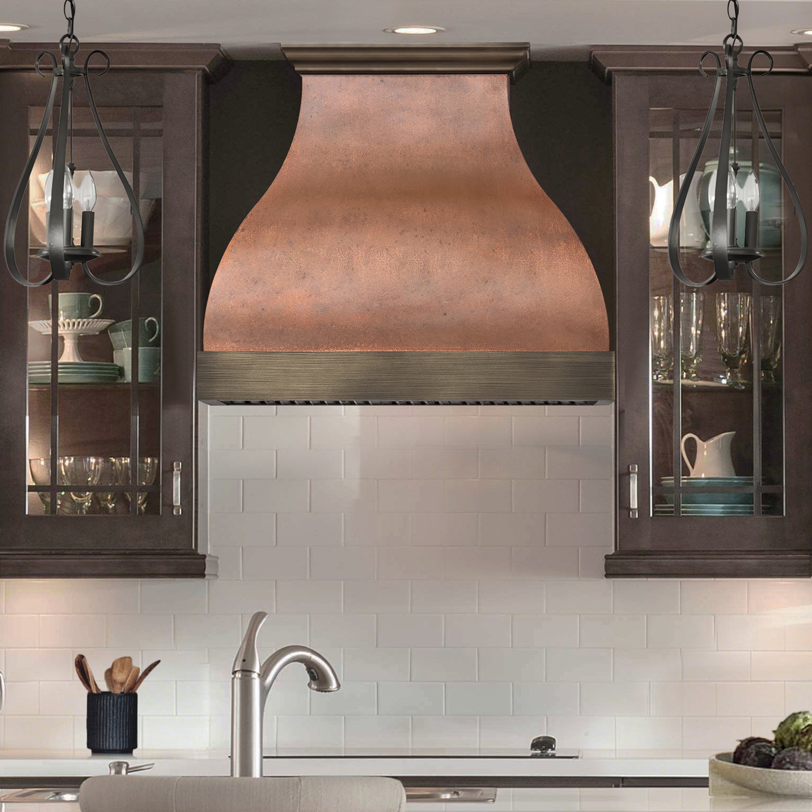 Fobest Vintage Copper Custom Range Hood with Aged Brass Accents for Modern Rustic Kitchens FCP-335
