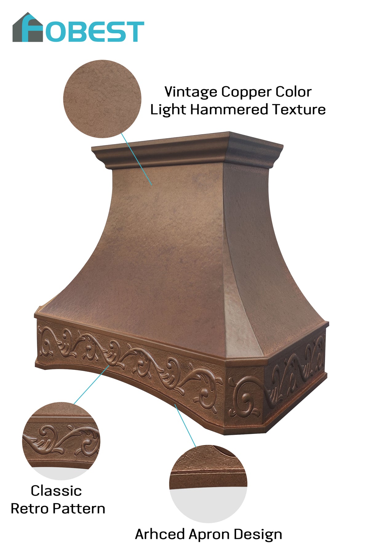 Fobest Vintage Copper Range Hood with Arched Design Napa Farmhouse Style FCP-314