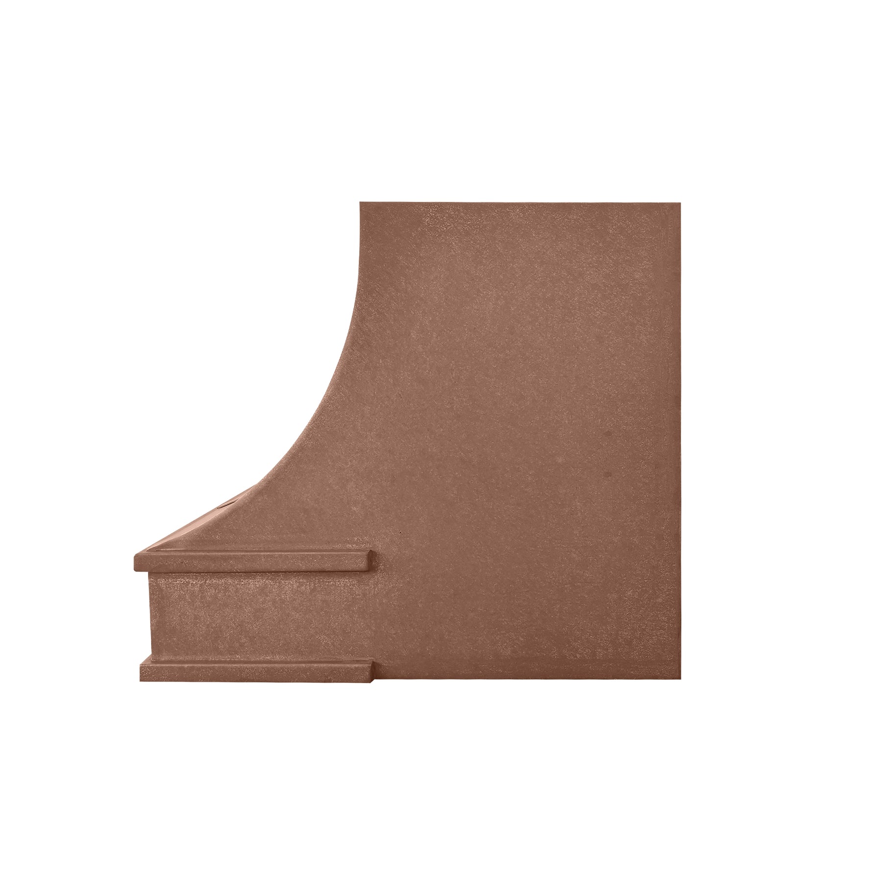 Decorative copper range hood with intricate designs on a white background