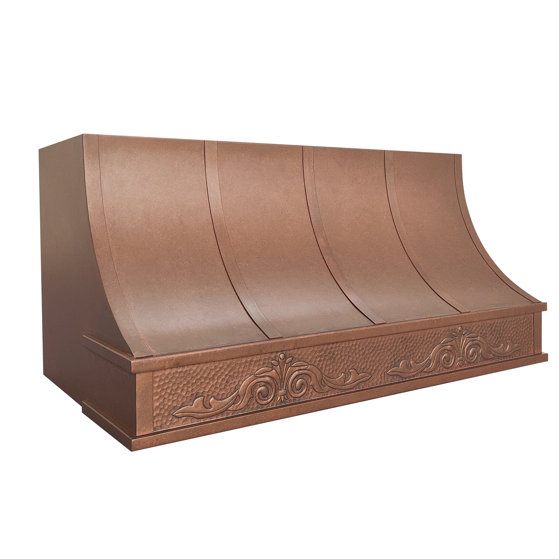Decorative copper range hood with intricate designs on a white background