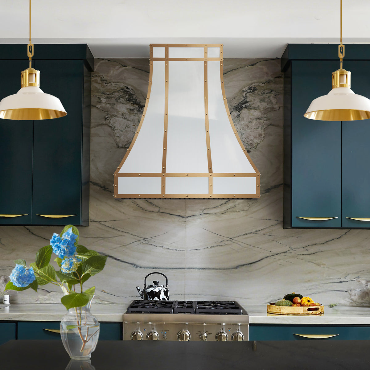 Modern kitchen range hood with stainless steel stove