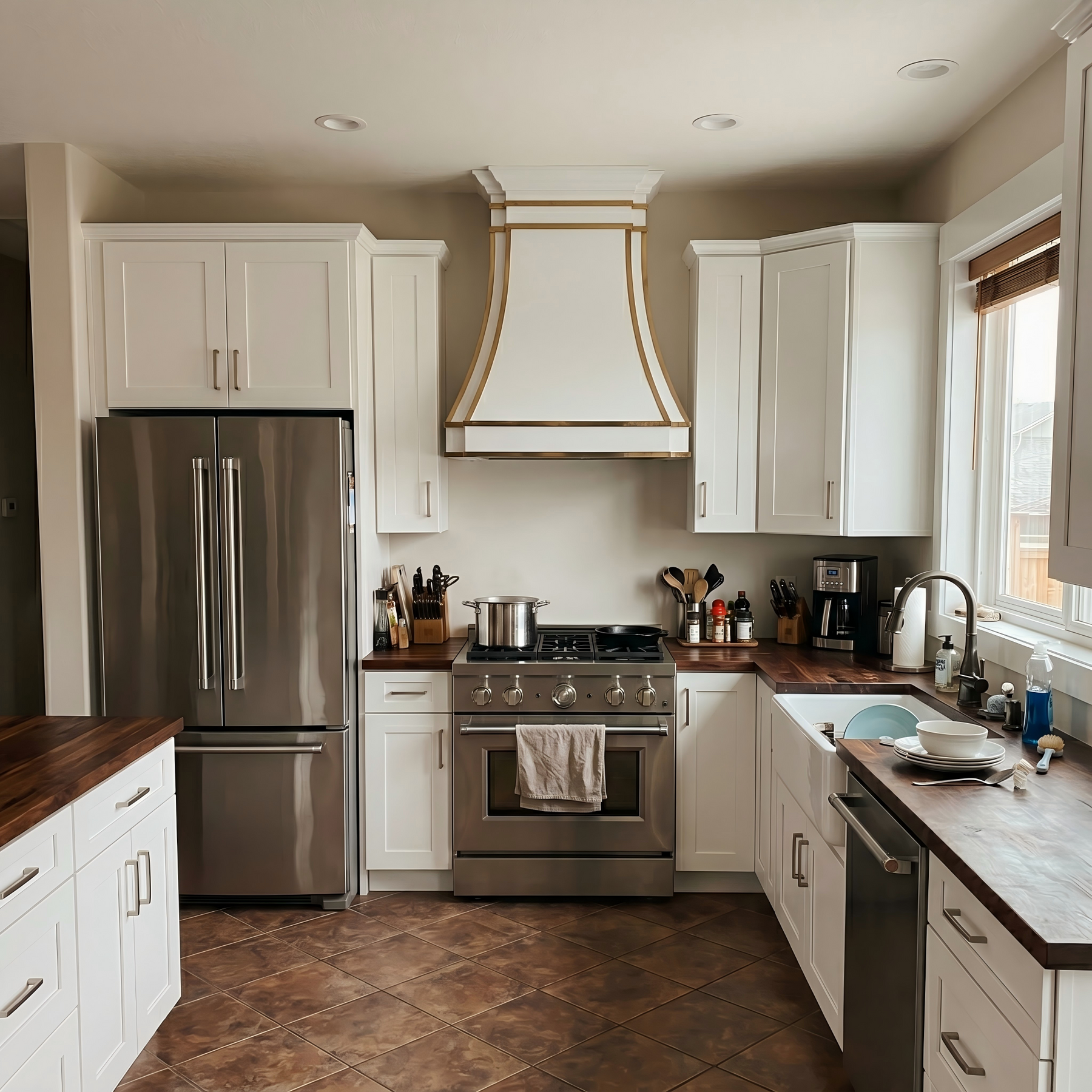 Fobest White Custom Stainless Steel Range Hood with Polished Brass Trim FSS-424