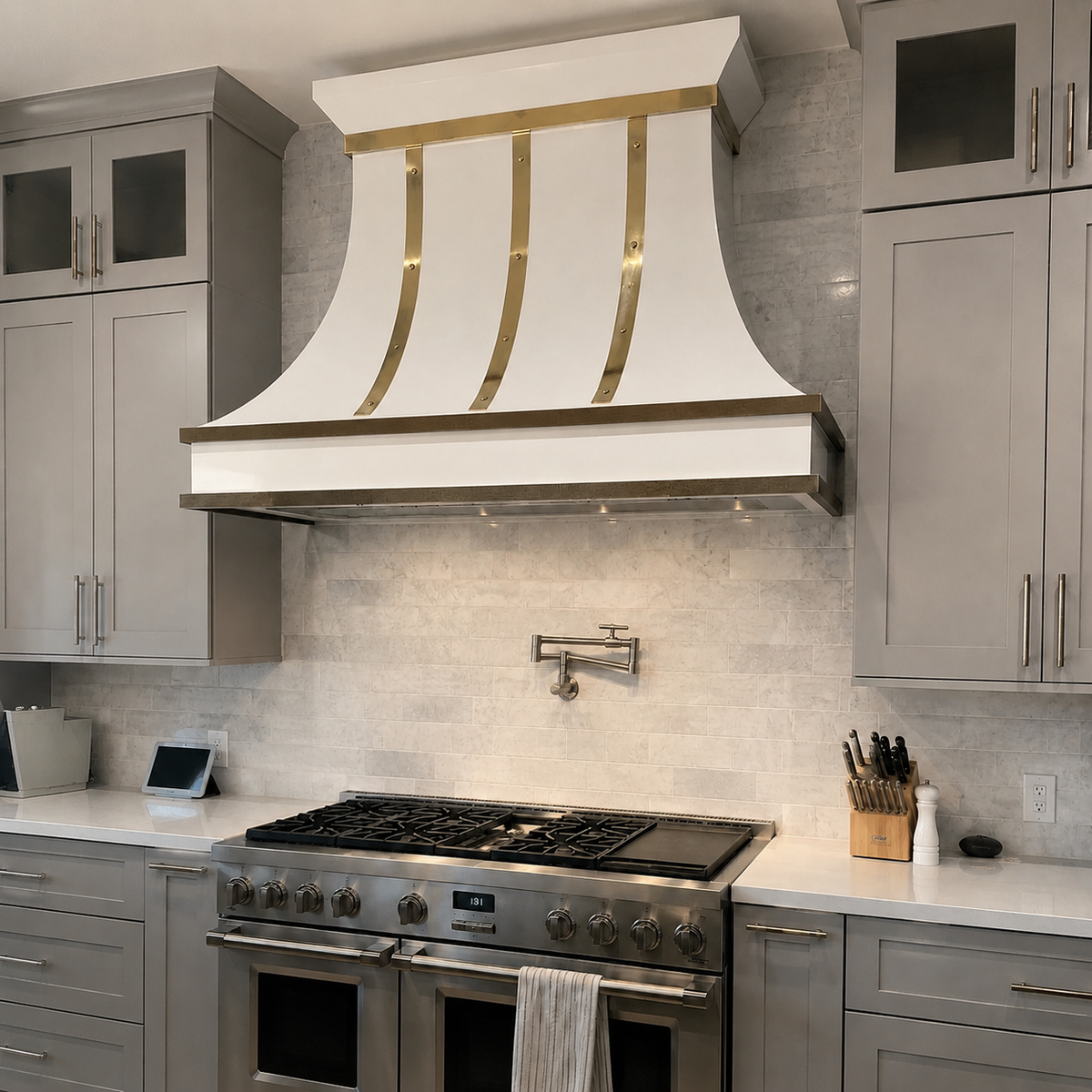 Fobest White Custom Vent Hood Stainless Steel with Brass Strap FSS-443