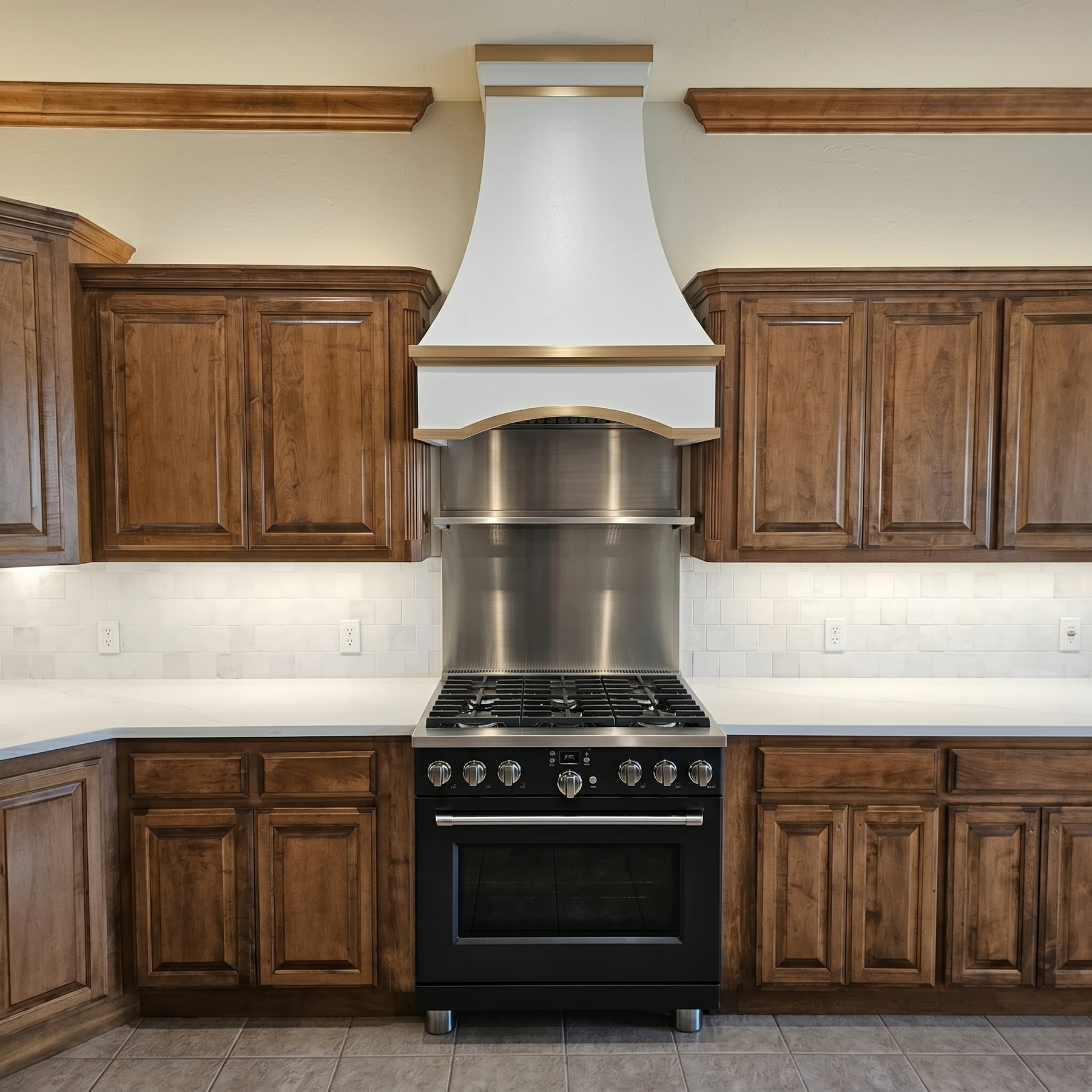 Fobest White Range Hood with Arched Design and Brass Trim FSS-403