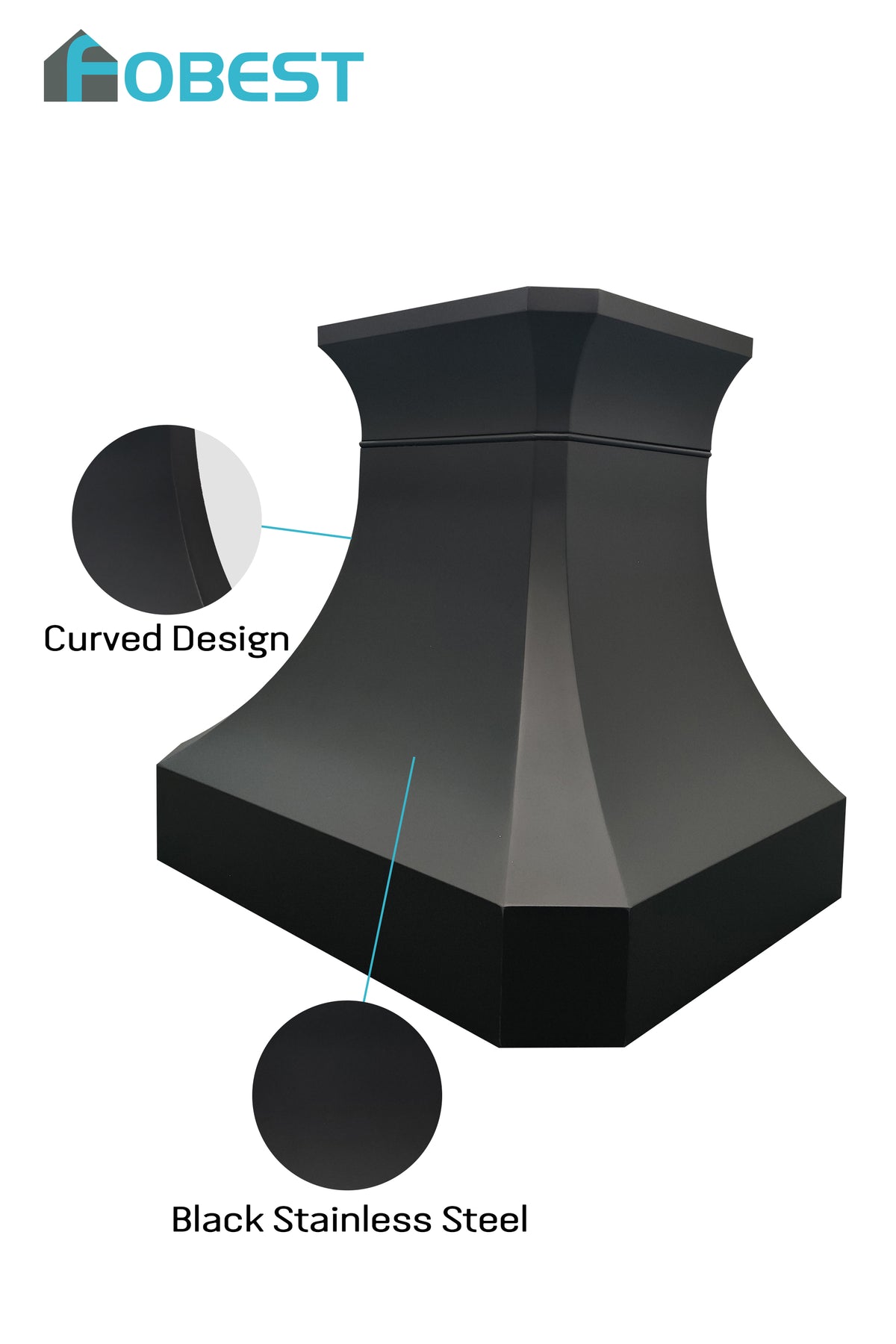 Black stainless steel range hood with curved design on a white background, featuring the FOBEST brand.